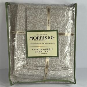 William Morris Queen Sheet Set Tan White Floral Leaf 100% Cotton 4 Pc NEW